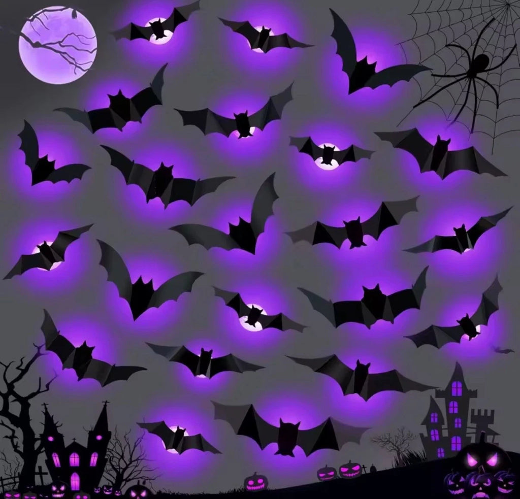 24Stk. Halloween Fledermäuse 3D Wanddeko Leuchteffekt Lila Grün Party Dekoration
