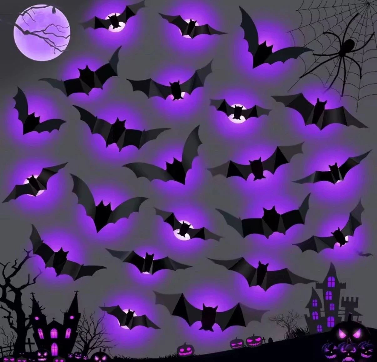 24Stk. Halloween Fledermäuse 3D Wanddeko Leuchteffekt Lila Grün Party Dekoration