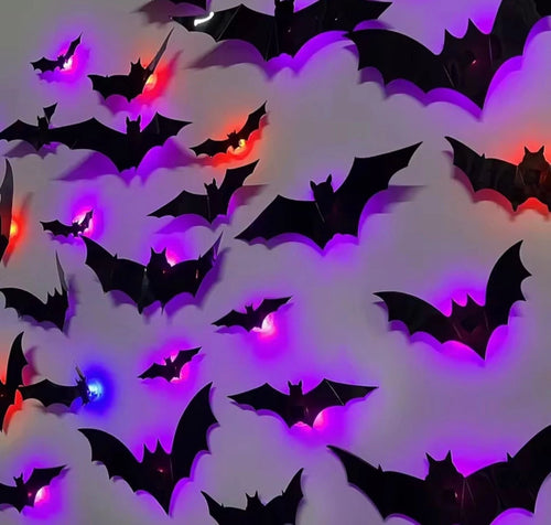 24Stk. Halloween Fledermäuse 3D Wanddeko Leuchteffekt Lila Grün Party Dekoration