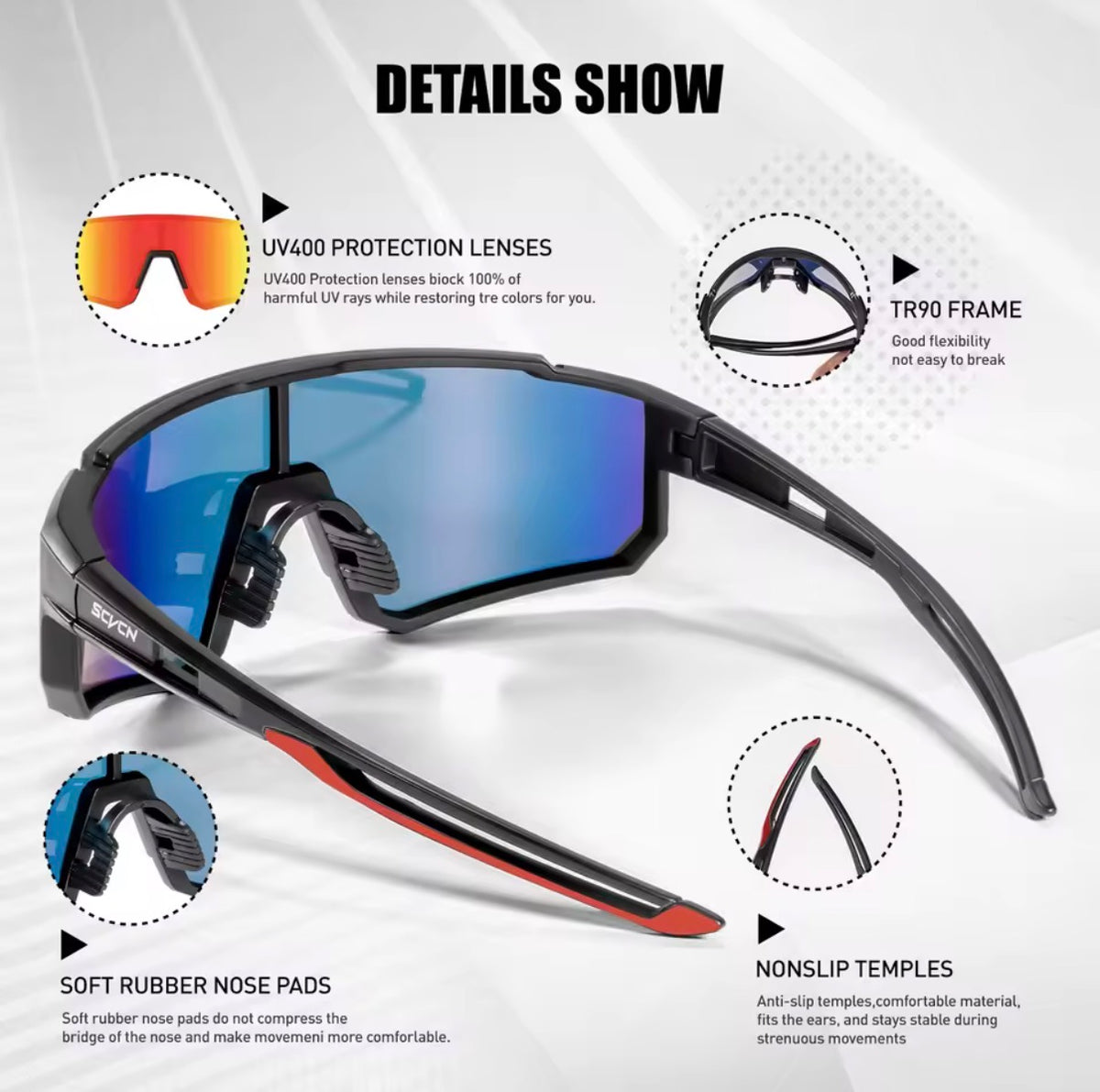 SCVCN Sport Sonnenbrille Radbrille Fahrrad Brille UV400 Herren Damen MTB Laufen